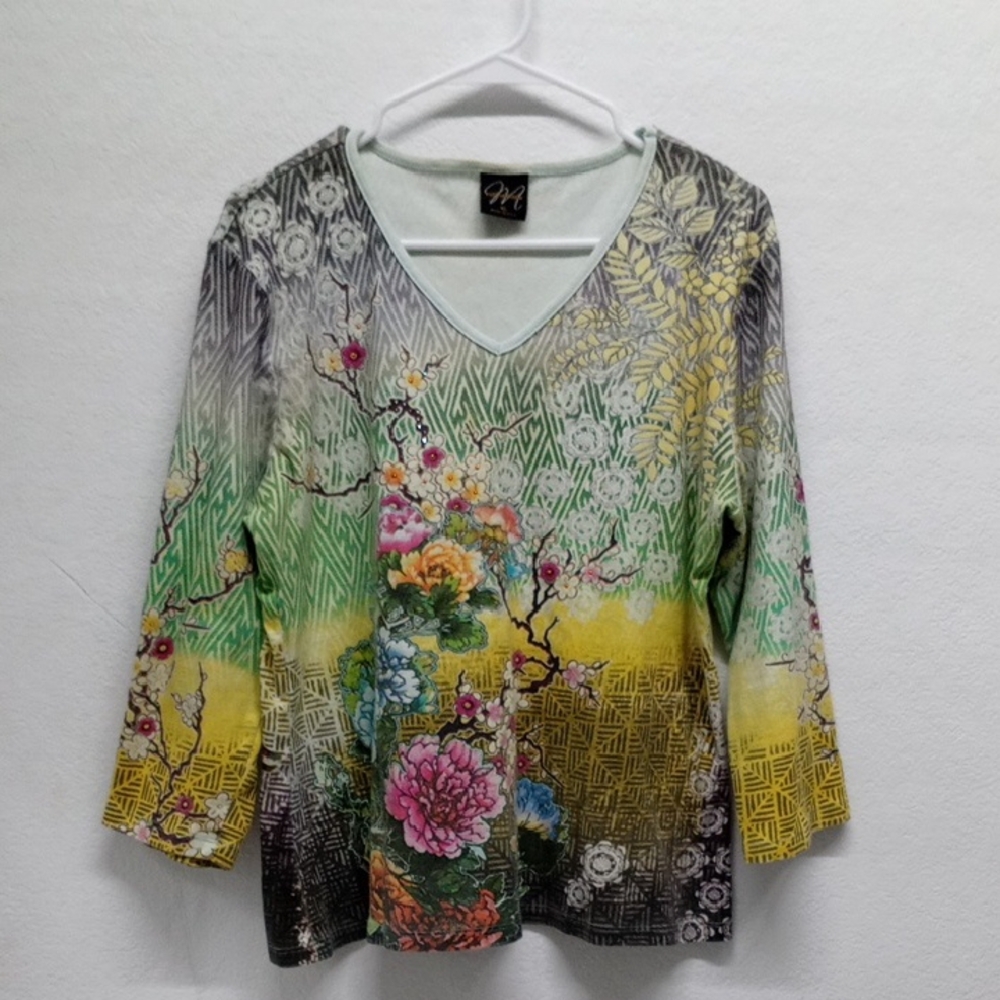 Katina Marie Floral Bling V-Neck Multicolor Women's Top